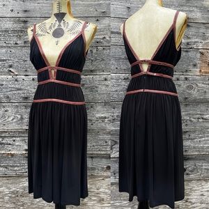 Bcbg black and brown pleather detail plunging neckline dress lbd